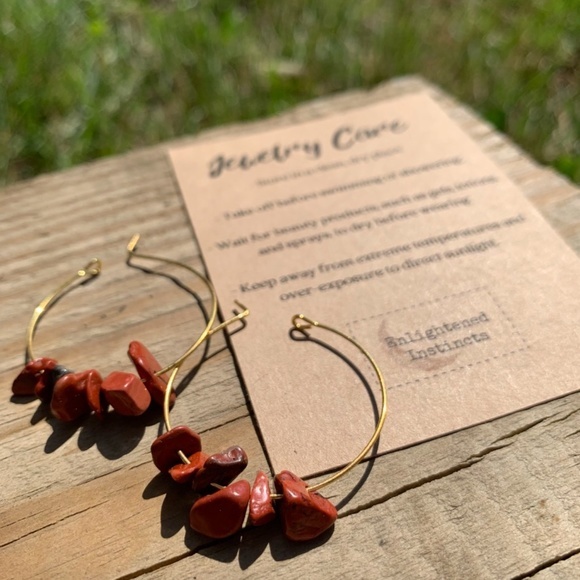 Red Jasper Gemstone Gold Hoop Earrings - Picture 3 of 5
